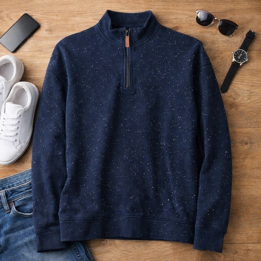 Land's End Men's 1/4 Zip Navy with White Cotton Specks Pullover Jacket Size L